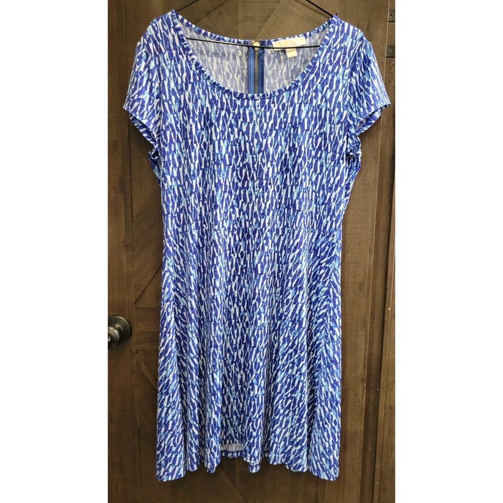 Michael Michael Kors Blue White Abstract Print Short Sleeve Zipper Back Dress L
